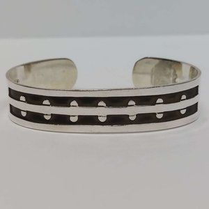 Sterling Silver 925 Cuff Bracelet with Linear Design, Tribal Style, Adjustable